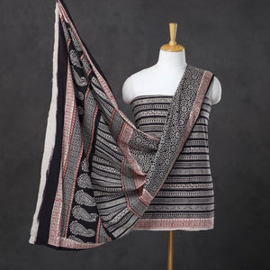 Black - 3pc Natural Dyed Cotton Bagh Print Suit Material Set 14