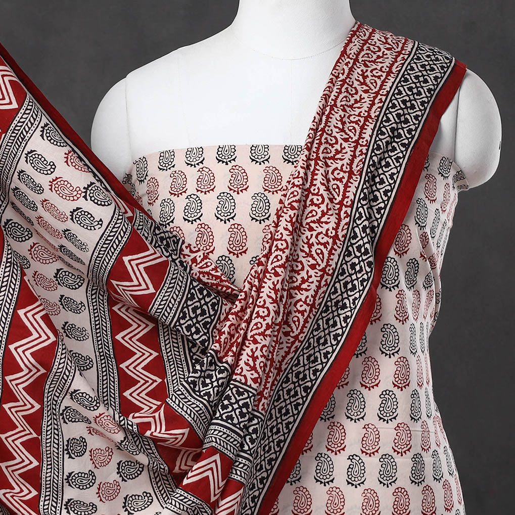 Beige - 3pc Bagh Print Cotton Dress Material Set 99