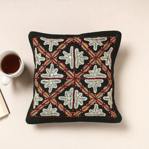 Black - Kala Raksha Pakko Hand Embroidery Cotton Cushion Cover (12 x 12 in)