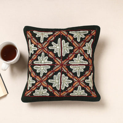 Black - Kala Raksha Pakko Hand Embroidery Cotton Cushion Cover (12 x 12 in)