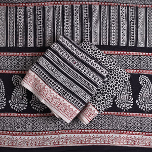 Black - 3pc Natural Dyed Cotton Bagh Print Suit Material Set 14
