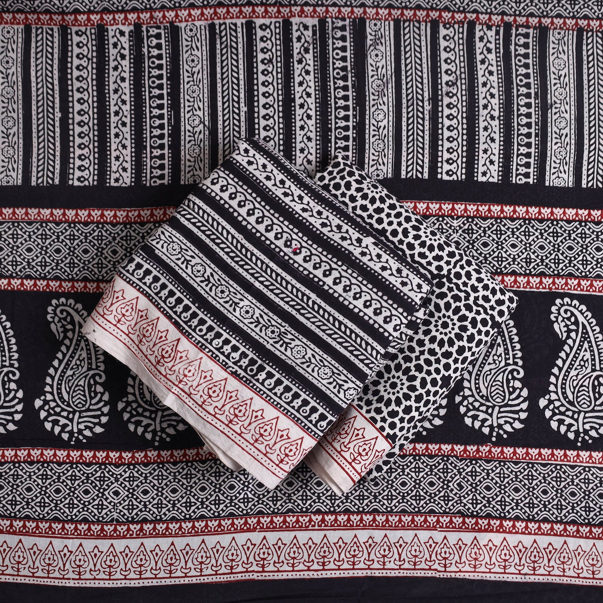 Black - 3pc Natural Dyed Cotton Bagh Print Suit Material Set 14