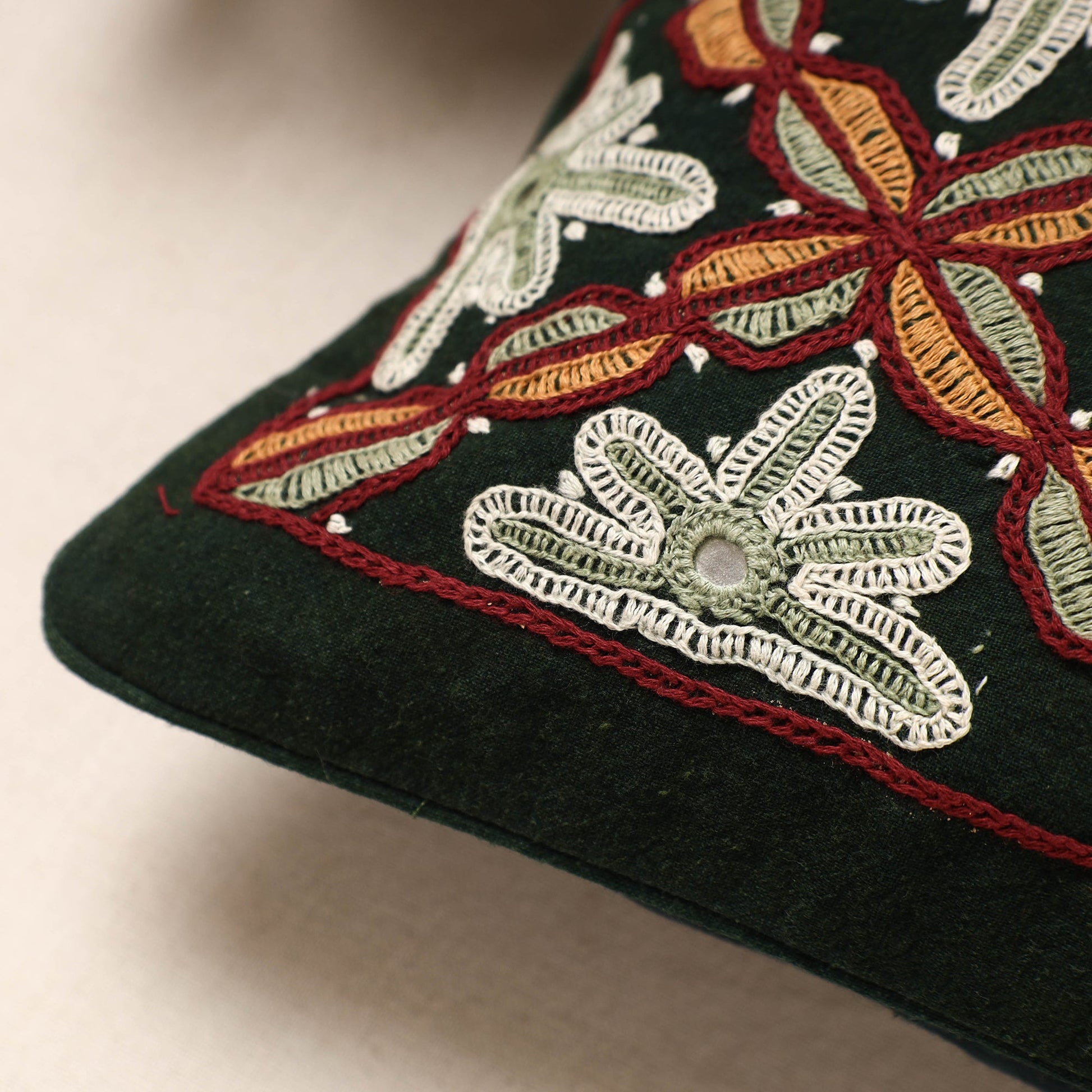 Black - Kala Raksha Pakko Hand Embroidery Cotton Cushion Cover (12 x 12 in)