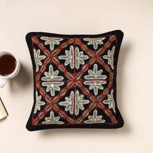 Black - Kala Raksha Pakko Hand Embroidery Cotton Cushion Cover (12 x 12 in)
