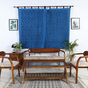 Blue - Flower Cutwork Cotton Barmer Applique Window Curtain