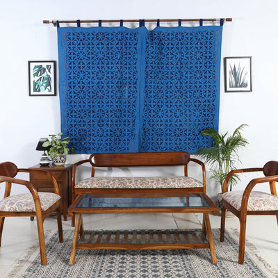 Blue - Flower Cutwork Cotton Barmer Applique Window Curtain