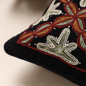 Black - Kala Raksha Pakko Hand Embroidery Cotton Cushion Cover (12 x 12 in)
