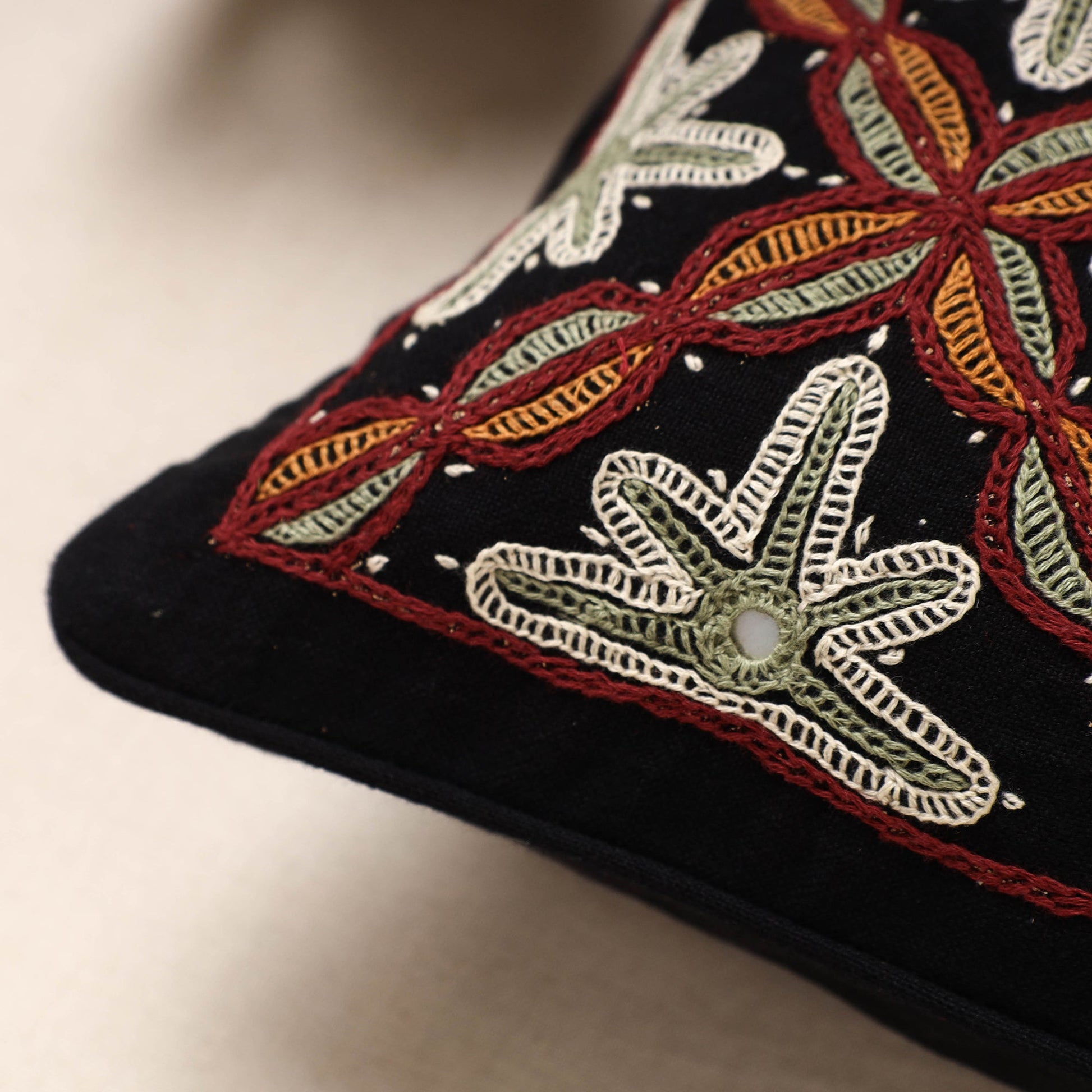 Black - Kala Raksha Pakko Hand Embroidery Cotton Cushion Cover (12 x 12 in)