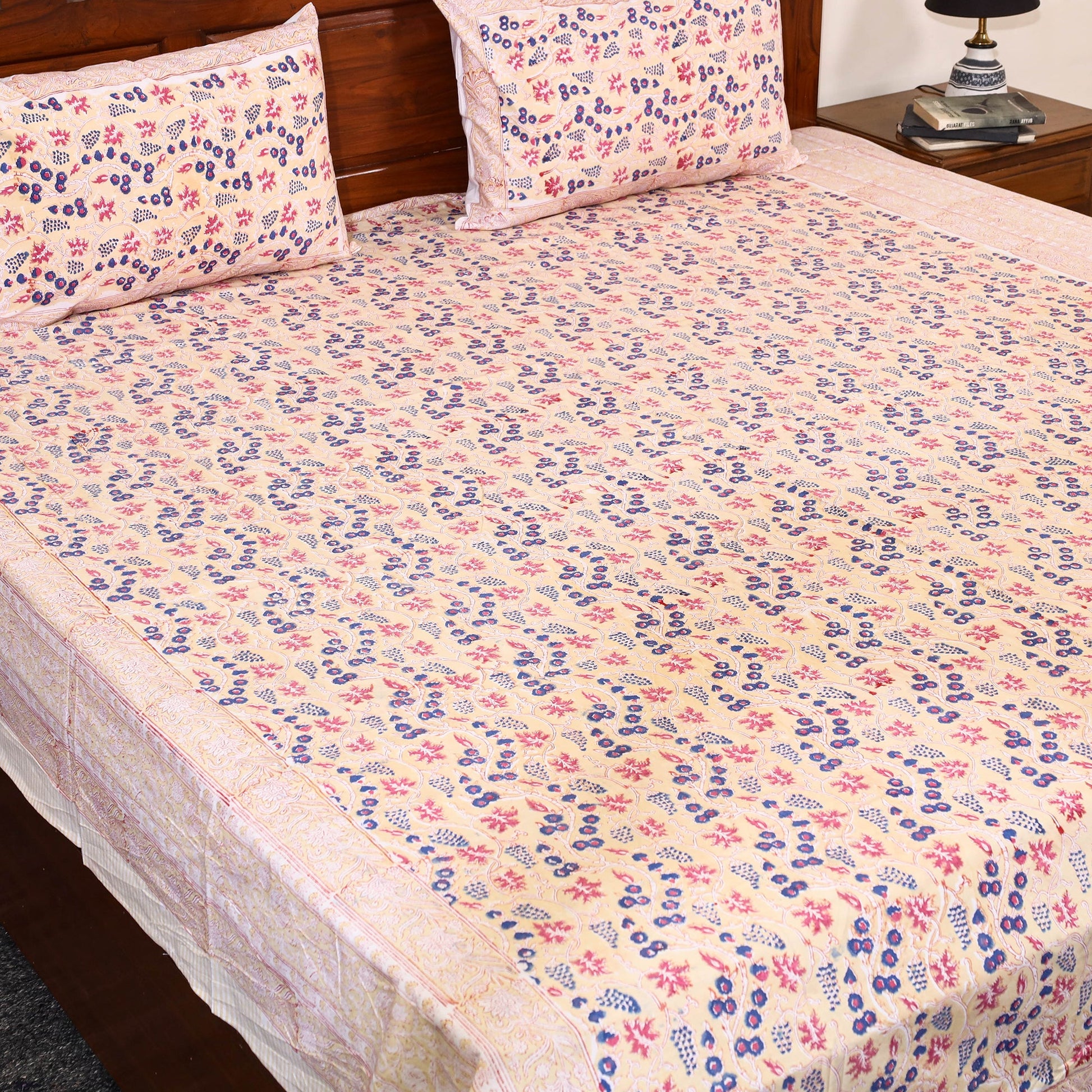 Beige - Block Print Cotton Double Sanganeri Bed Sheet 40