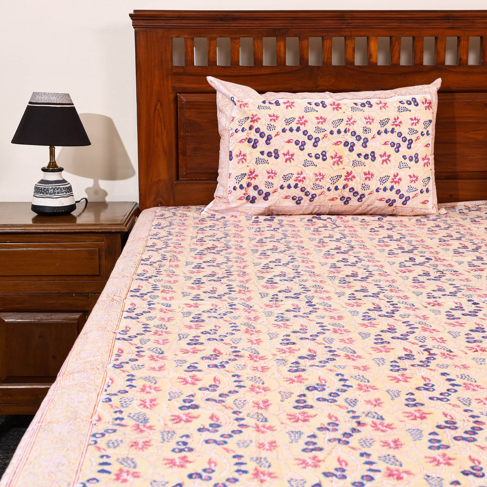 Beige - Block Print Cotton Double Sanganeri Bed Sheet 40