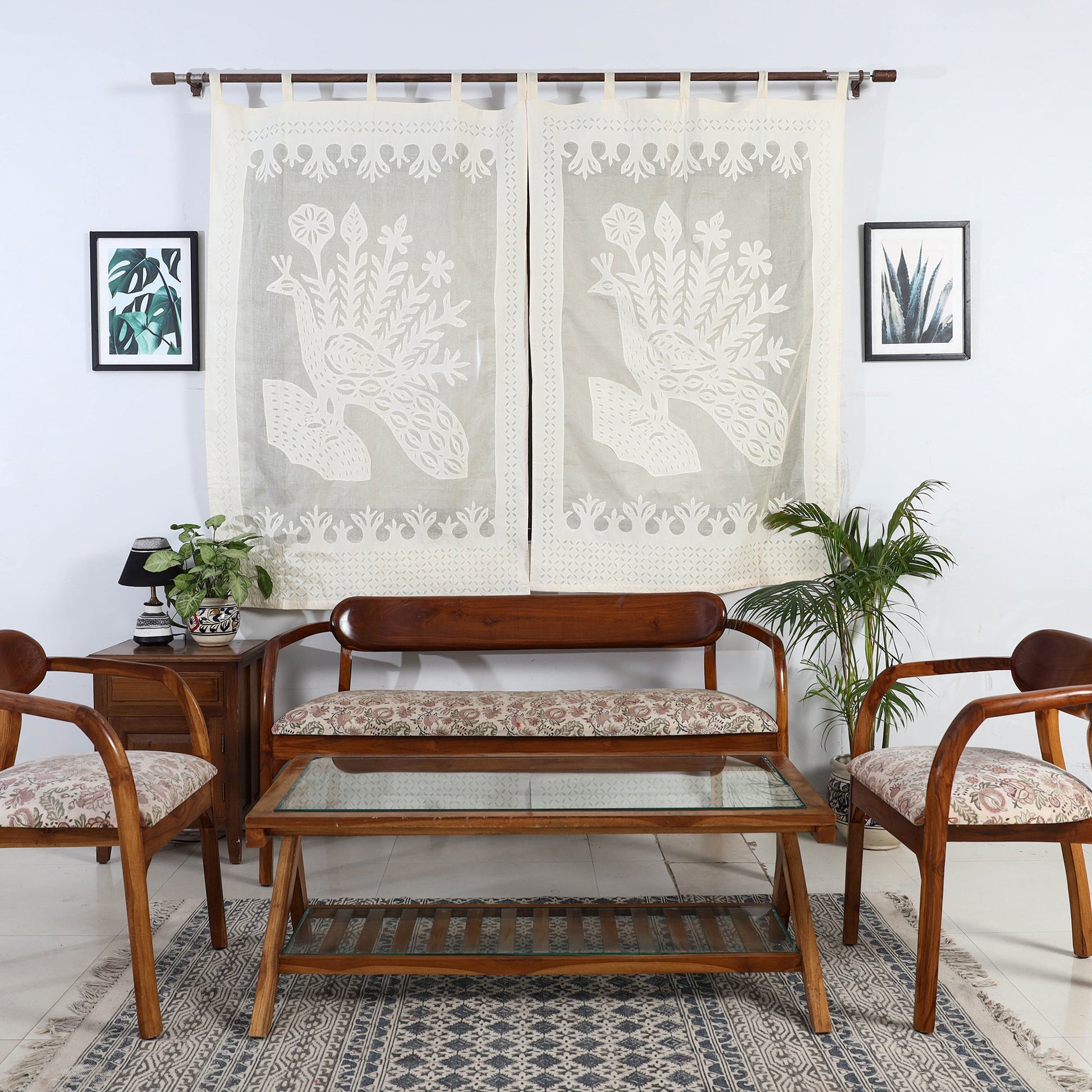 Beige - Peacock Cutwork Cotton Barmer Applique Window Curtain