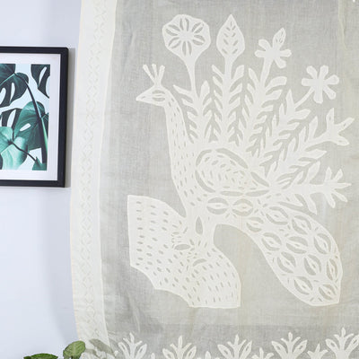 Beige - Peacock Cutwork Cotton Barmer Applique Window Curtain