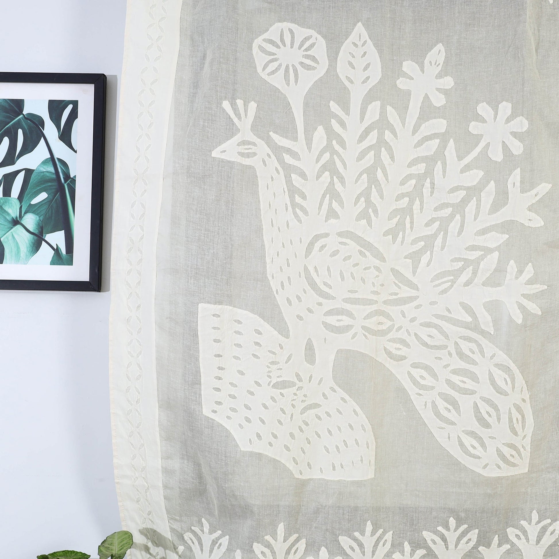 Beige - Peacock Cutwork Cotton Barmer Applique Window Curtain
