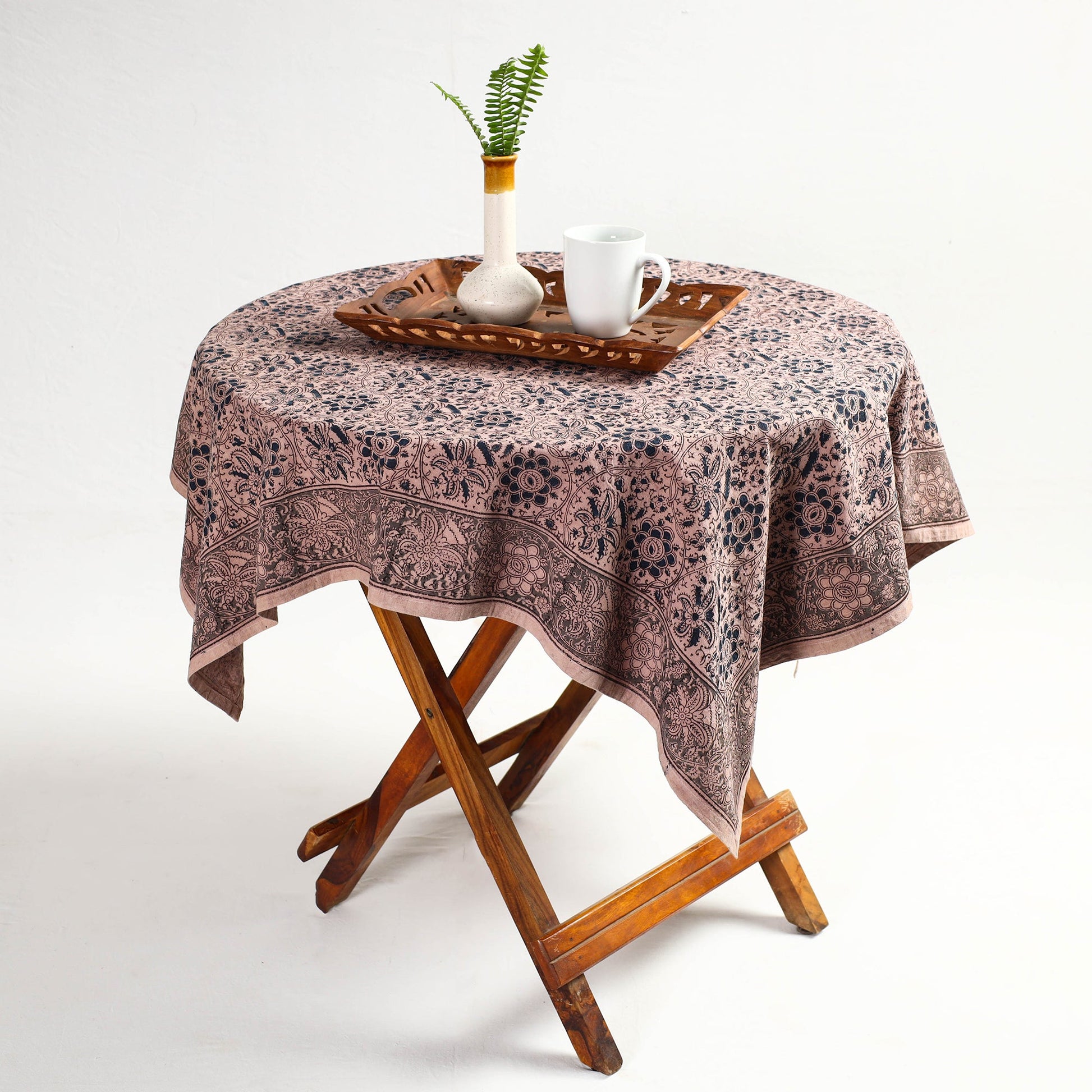 Beige - Original Pedana Kalamkari Block Printed Cotton Table Cover (46 x 43 in)