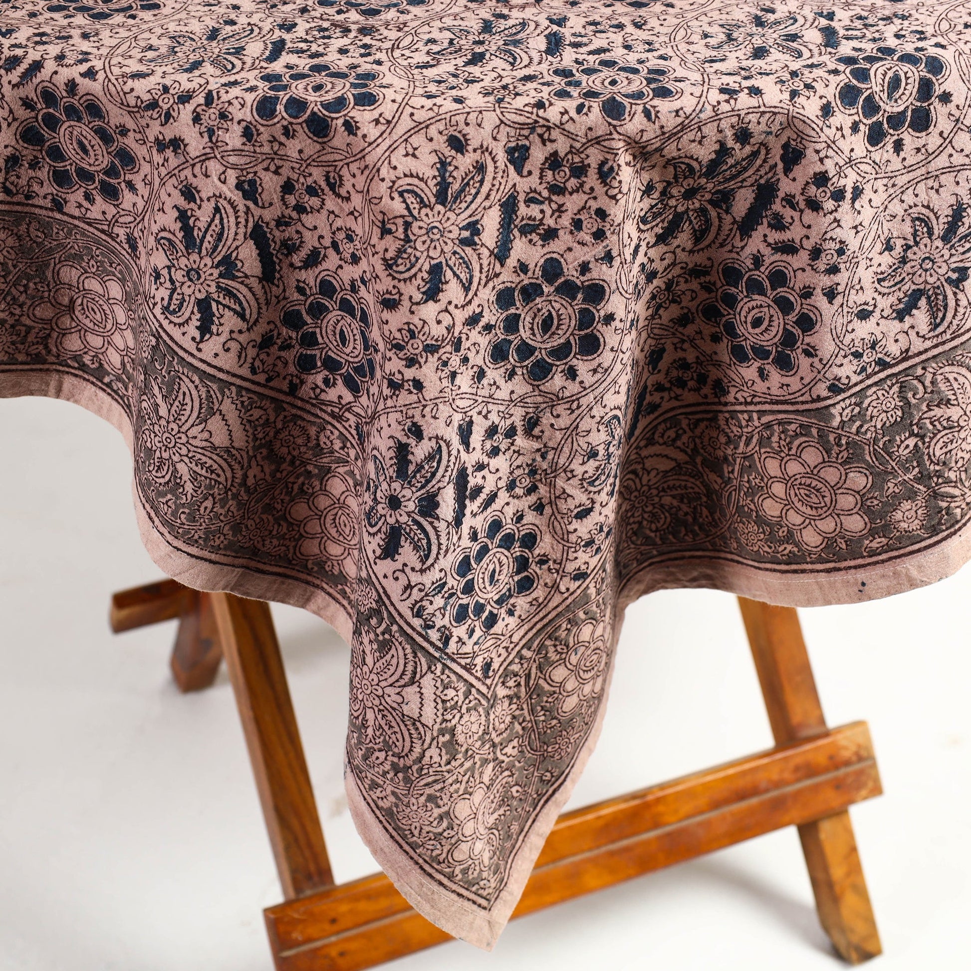Beige - Original Pedana Kalamkari Block Printed Cotton Table Cover (46 x 43 in)