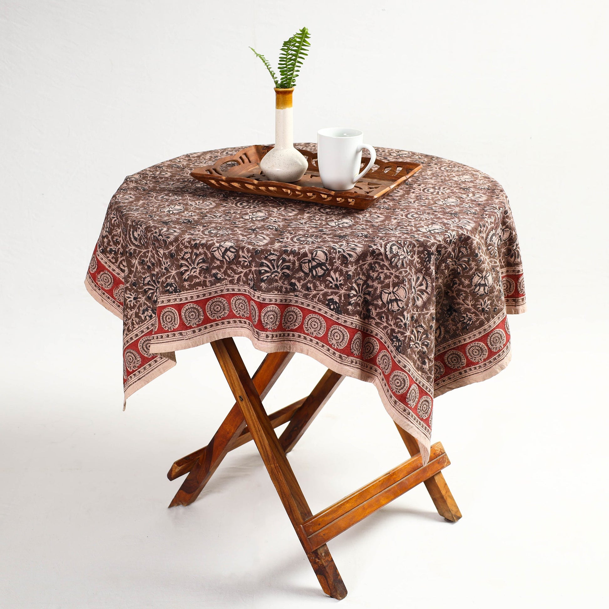 Brown - Original Pedana Kalamkari Block Printed Cotton Table Cover (46 x 43 in)