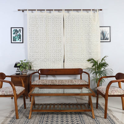 beige - Flower Cutwork Cotton Barmer Applique Window Curtain