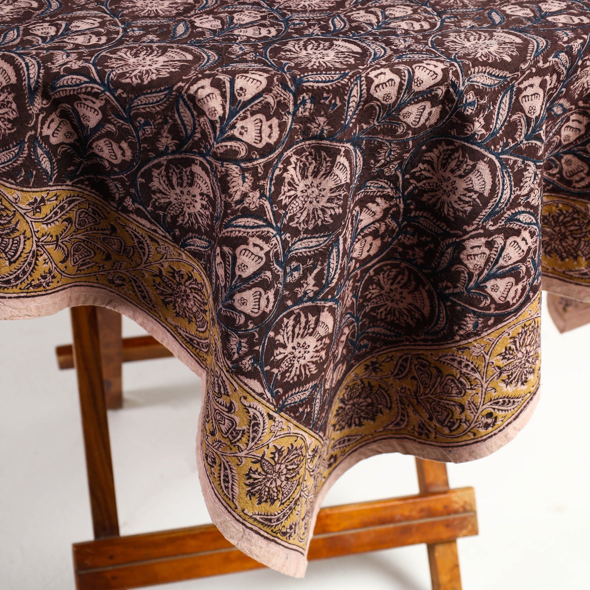 Brown - Original Pedana Kalamkari Block Printed Cotton Table Cover (46 x 43 in)