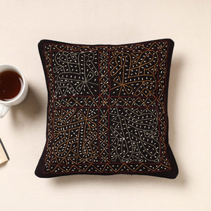 Black - Kala Raksha Rabari Bakhiya Hand Embroidery Cotton Cushion Cover (12 x 12 in)