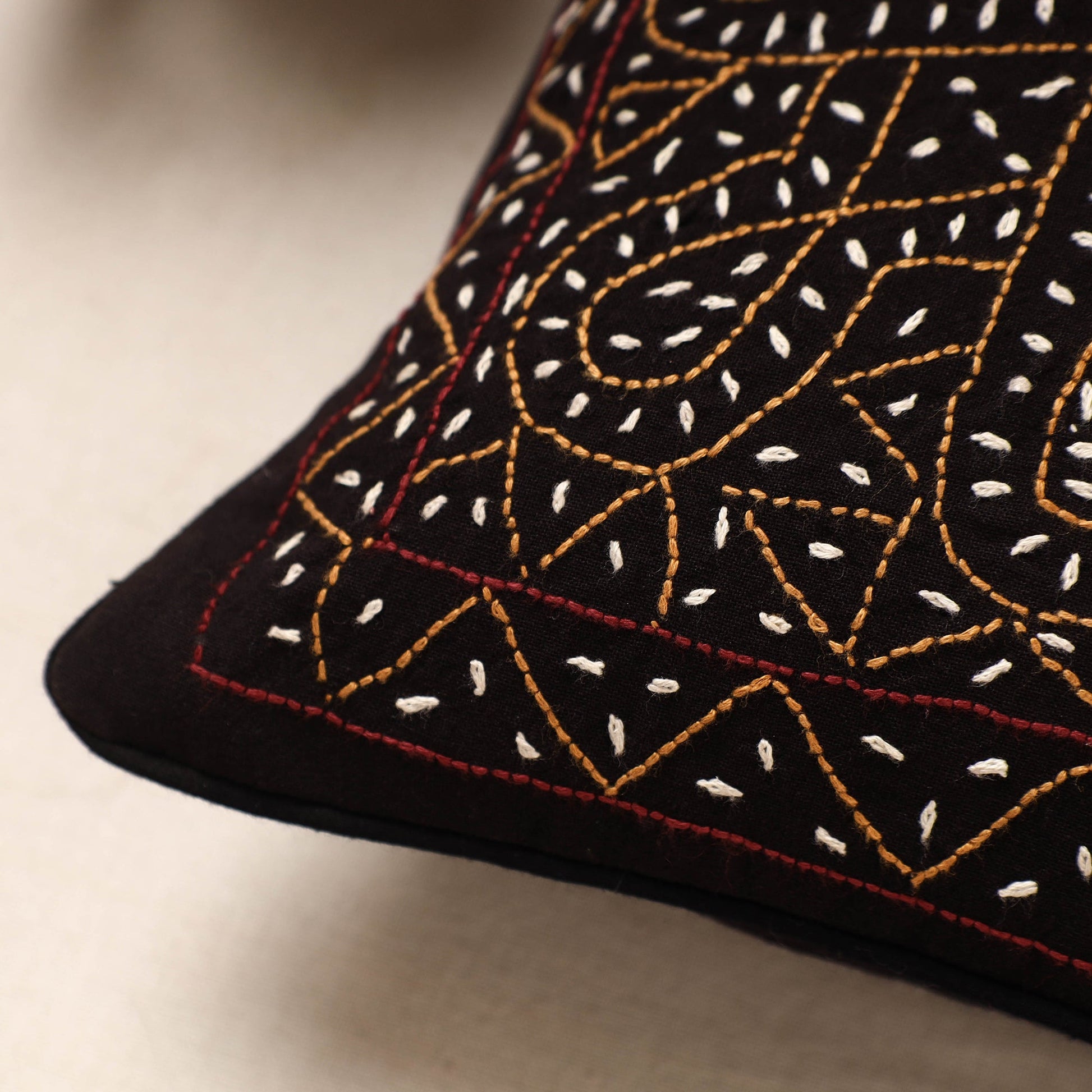 Black - Kala Raksha Rabari Bakhiya Hand Embroidery Cotton Cushion Cover (12 x 12 in)