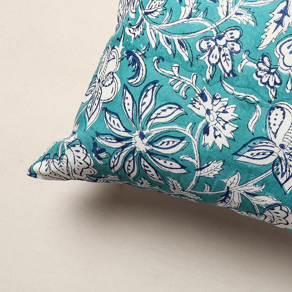 Blue - Block Print Cotton Sanganeri Cushion Cover (16 x 16 in)