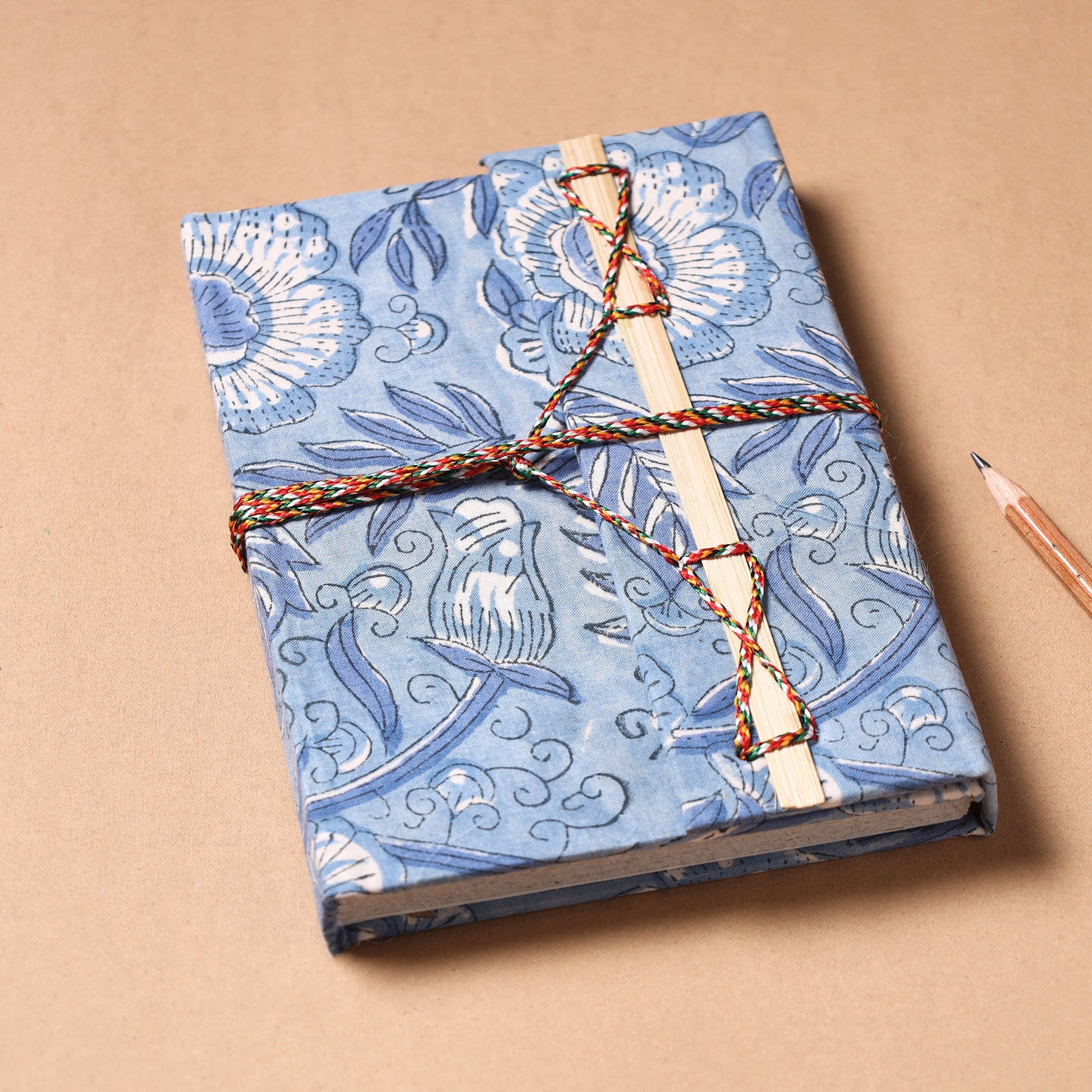 Blue - Fabric Cover Handmade Paper Notebook with Thread Lock