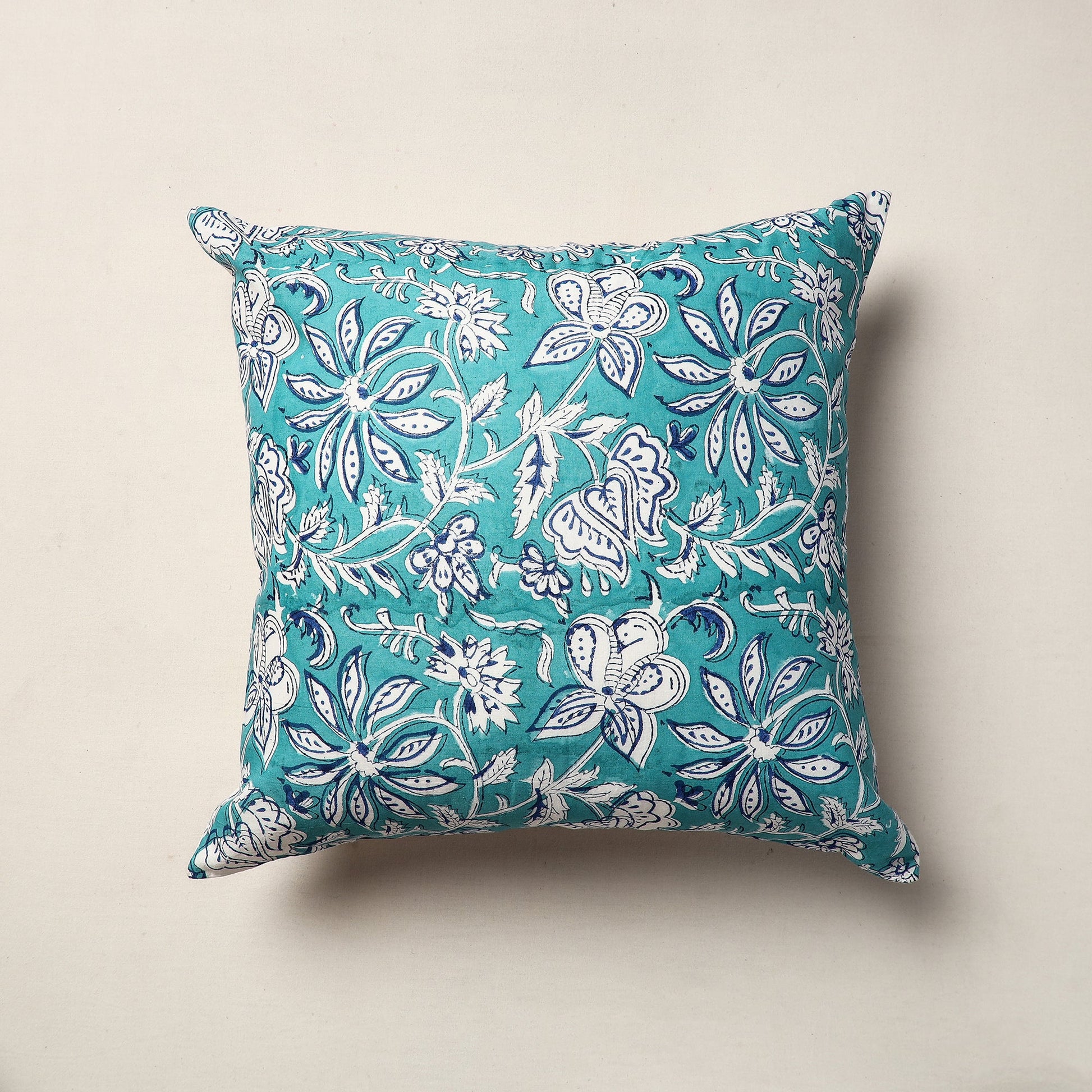 Blue - Block Print Cotton Sanganeri Cushion Cover (16 x 16 in)
