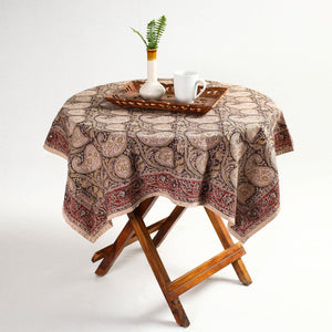 Beige - Original Pedana Kalamkari Block Printed Cotton Table Cover (46 x 43 in)