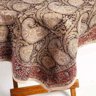 Beige - Original Pedana Kalamkari Block Printed Cotton Table Cover (46 x 43 in)