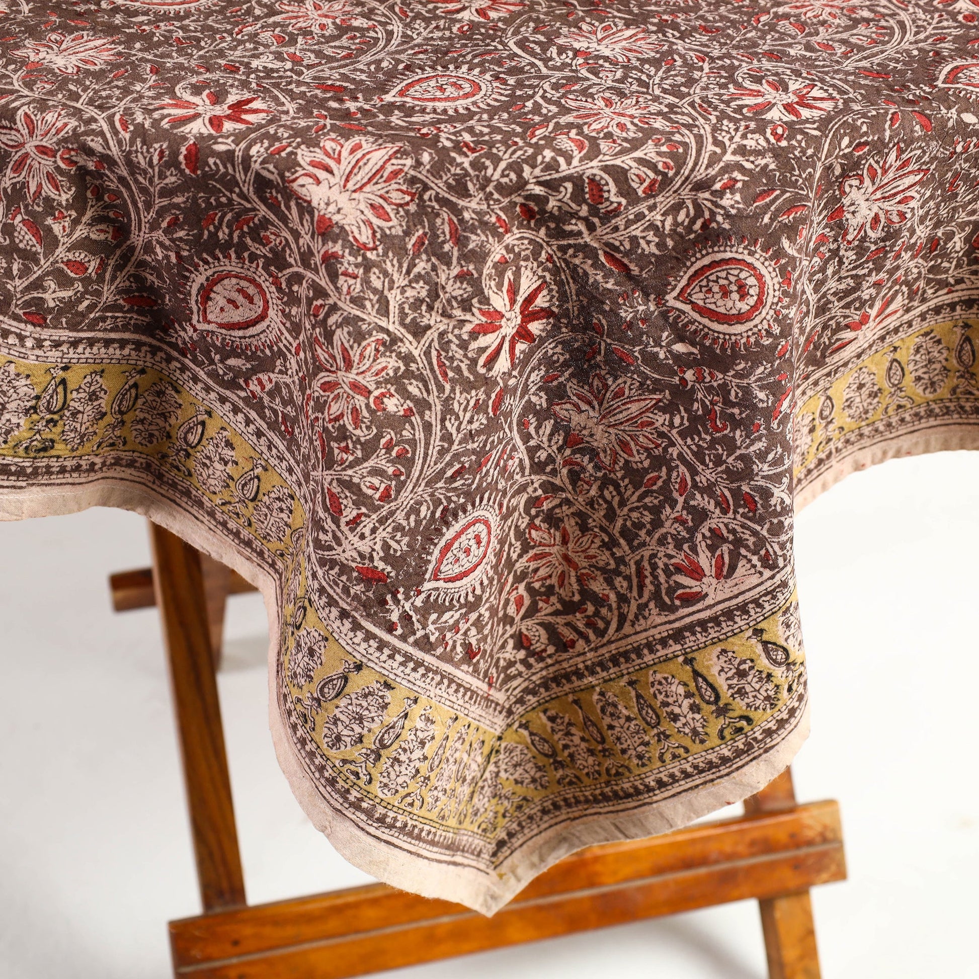 Brown - Original Pedana Kalamkari Block Printed Cotton Table Cover (46 x 43 in)