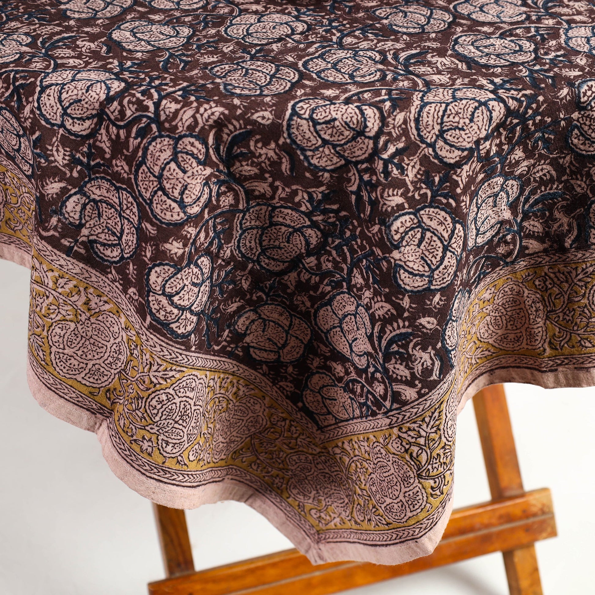 Brown - Original Pedana Kalamkari Block Printed Cotton Table Cover (46 x 43 in)