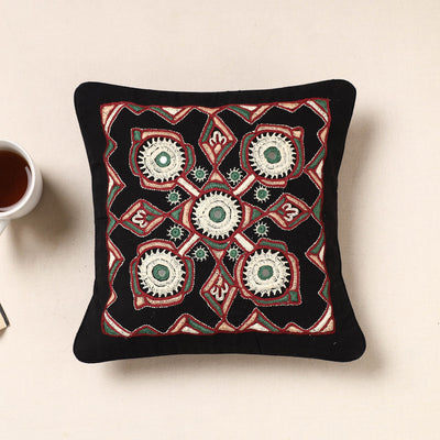 Black - Kala Raksha Pakko Hand Embroidered Pure Cotton Cushion Cover (12 x 12 in)