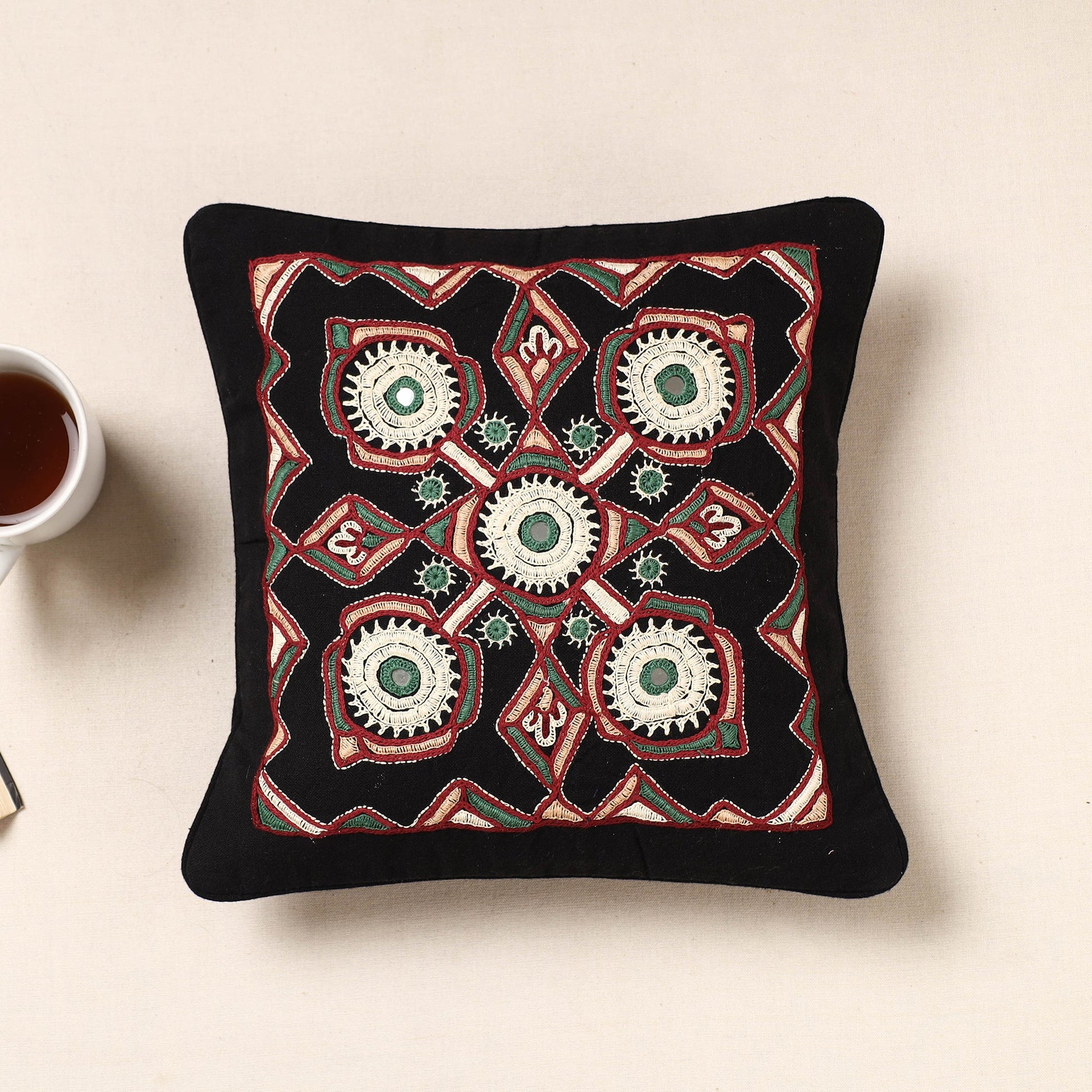 Black - Kala Raksha Pakko Hand Embroidered Pure Cotton Cushion Cover (12 x 12 in)