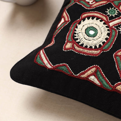 Black - Kala Raksha Pakko Hand Embroidered Pure Cotton Cushion Cover (12 x 12 in)