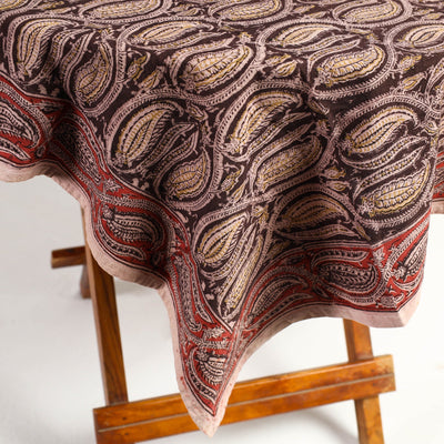 Brown - Original Pedana Kalamkari Block Printed Cotton Table Cover (46 x 43 in)