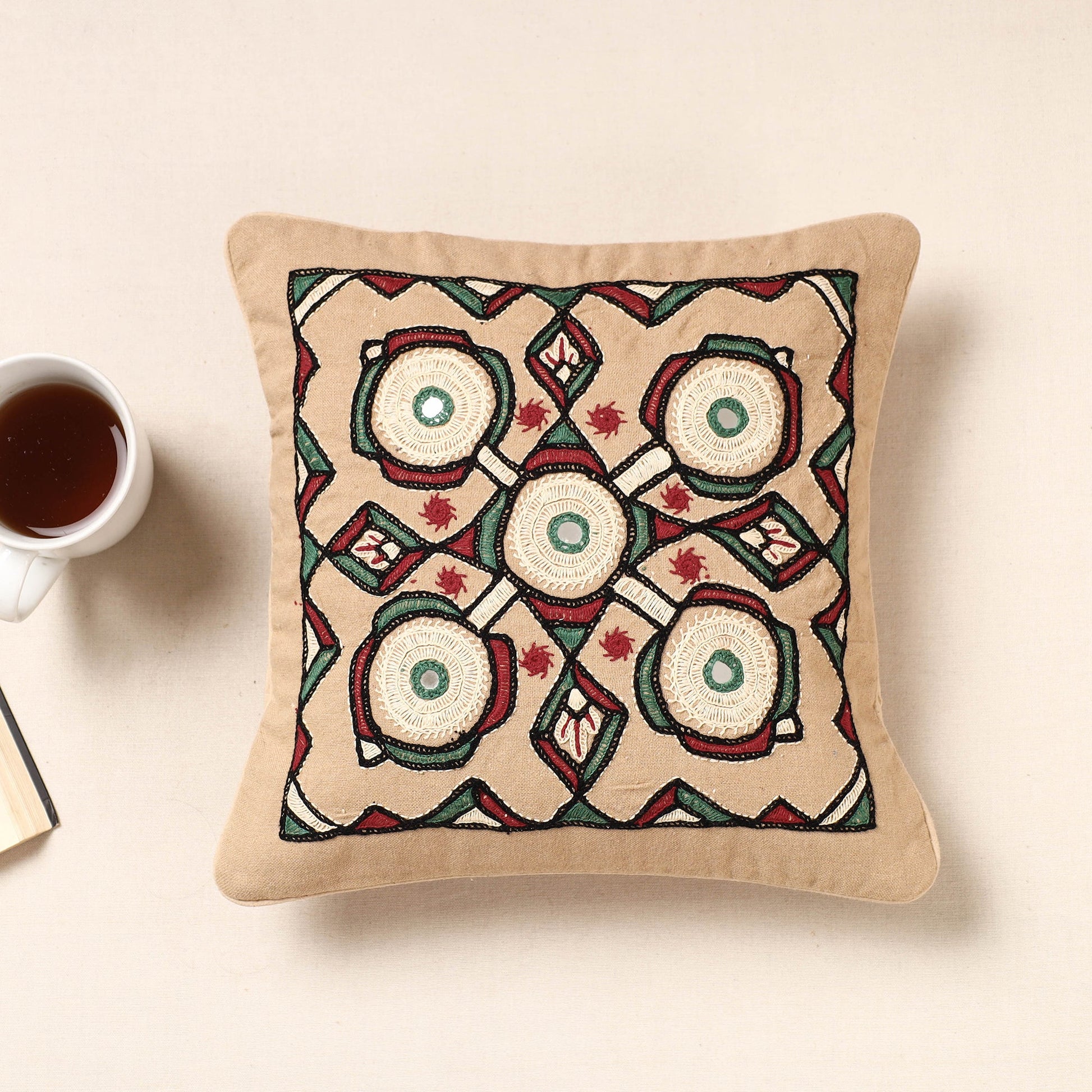 Beige - Kala Raksha Pakko Hand Embroidered Pure Cotton Cushion Cover (12 x 12 in)