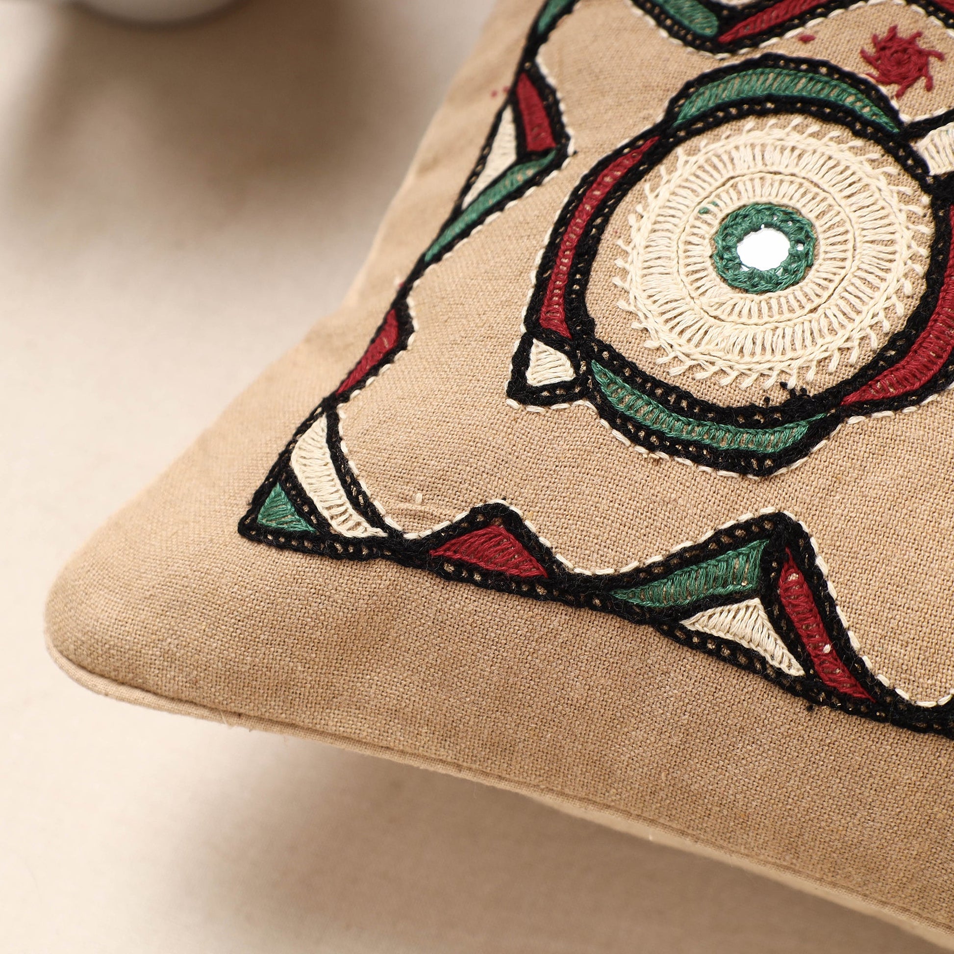 Beige - Kala Raksha Pakko Hand Embroidered Pure Cotton Cushion Cover (12 x 12 in)
