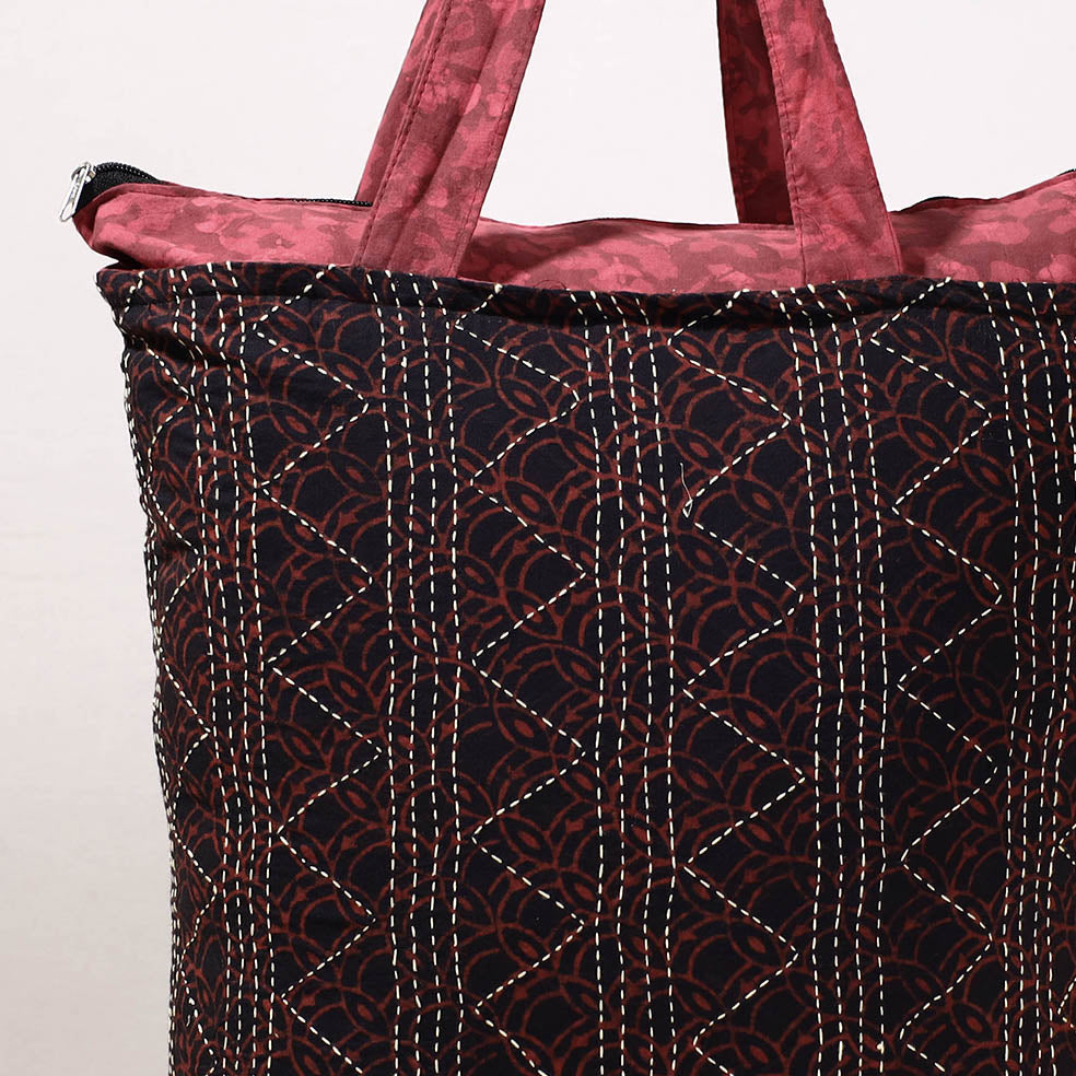 Black - Kantha Work Block Print Cotton Shopping Bag