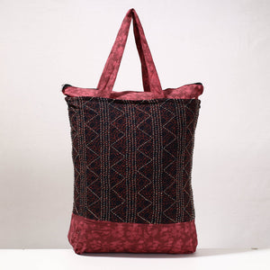 Black - Kantha Work Block Print Cotton Shopping Bag