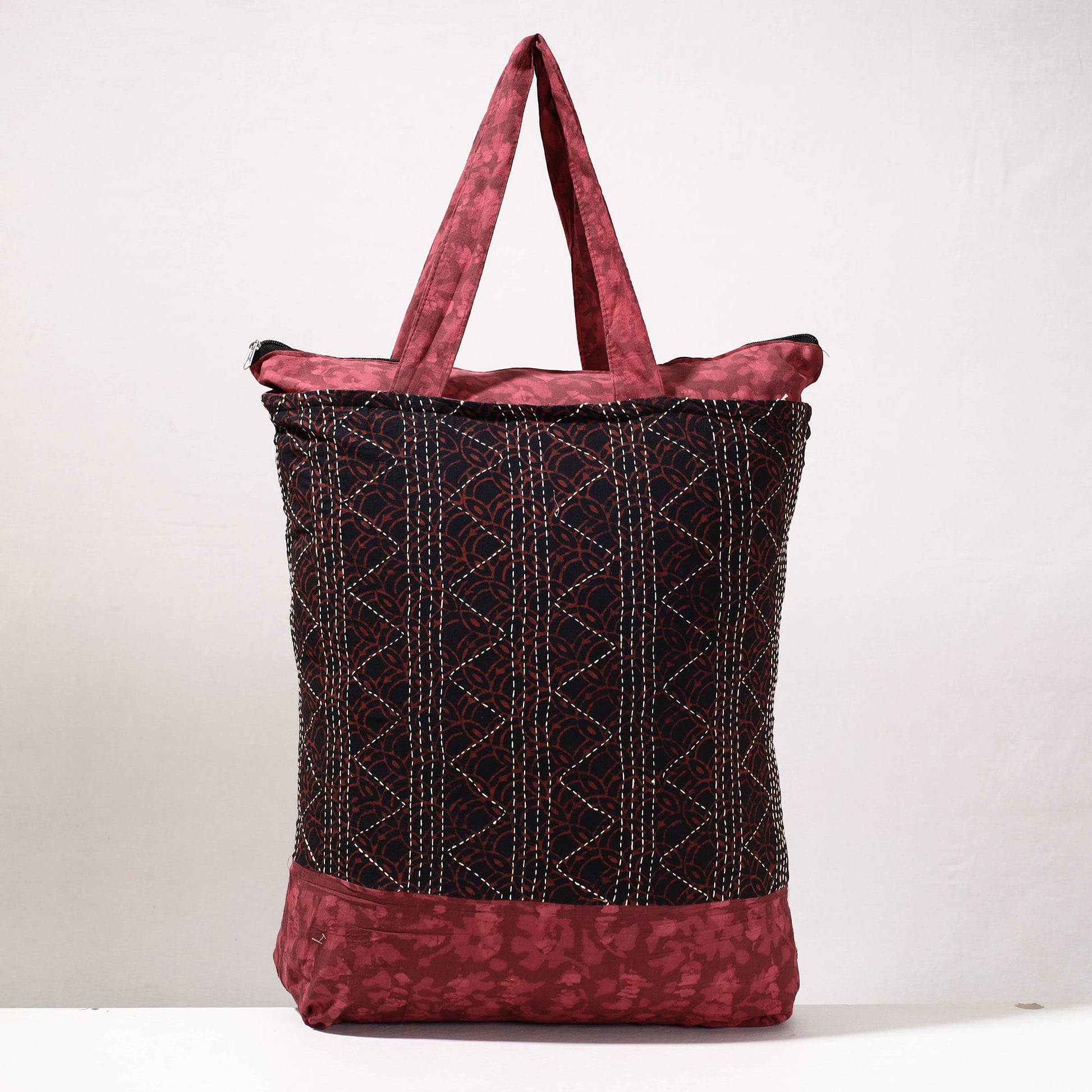 Black - Kantha Work Block Print Cotton Shopping Bag