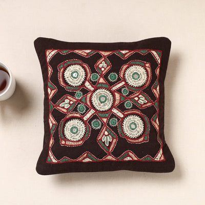 Black - Kala Raksha Pakko Hand Embroidered Pure Cotton Cushion Cover (12 x 12 in)