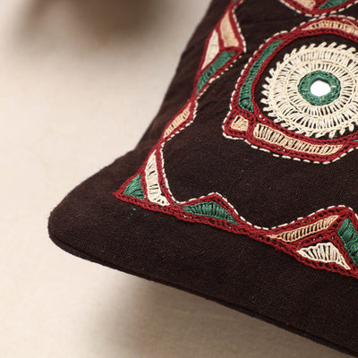 Black - Kala Raksha Pakko Hand Embroidered Pure Cotton Cushion Cover (12 x 12 in)