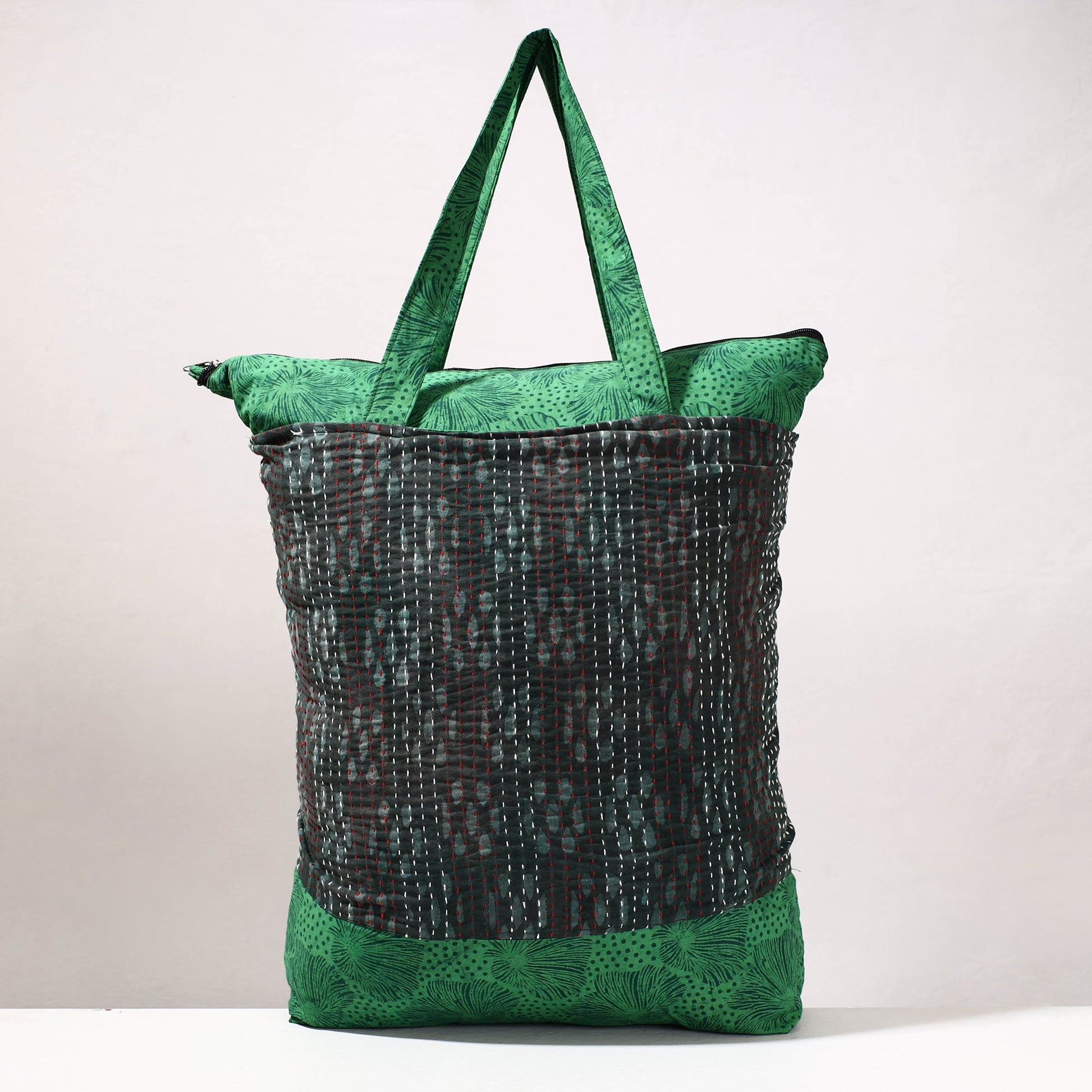 Black - Kantha Work Block Print Cotton Shopping Bag