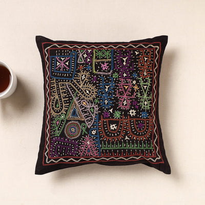 Black - Kala Raksha Rabari Hand Embroidery Cotton Cushion Cover (16 x 16 in)