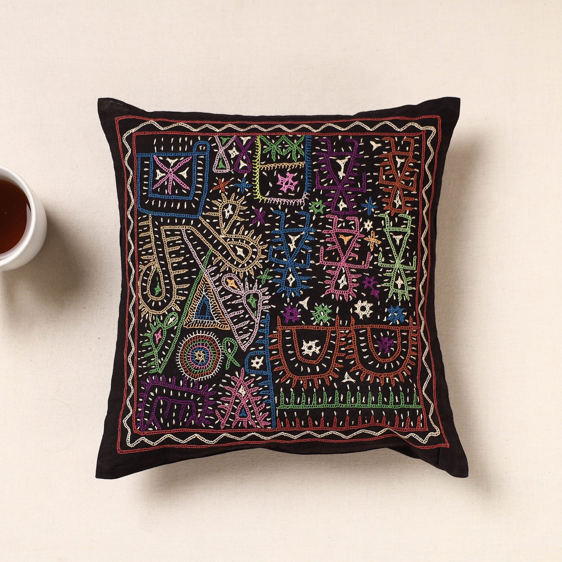 Black - Kala Raksha Rabari Hand Embroidery Cotton Cushion Cover (16 x 16 in)
