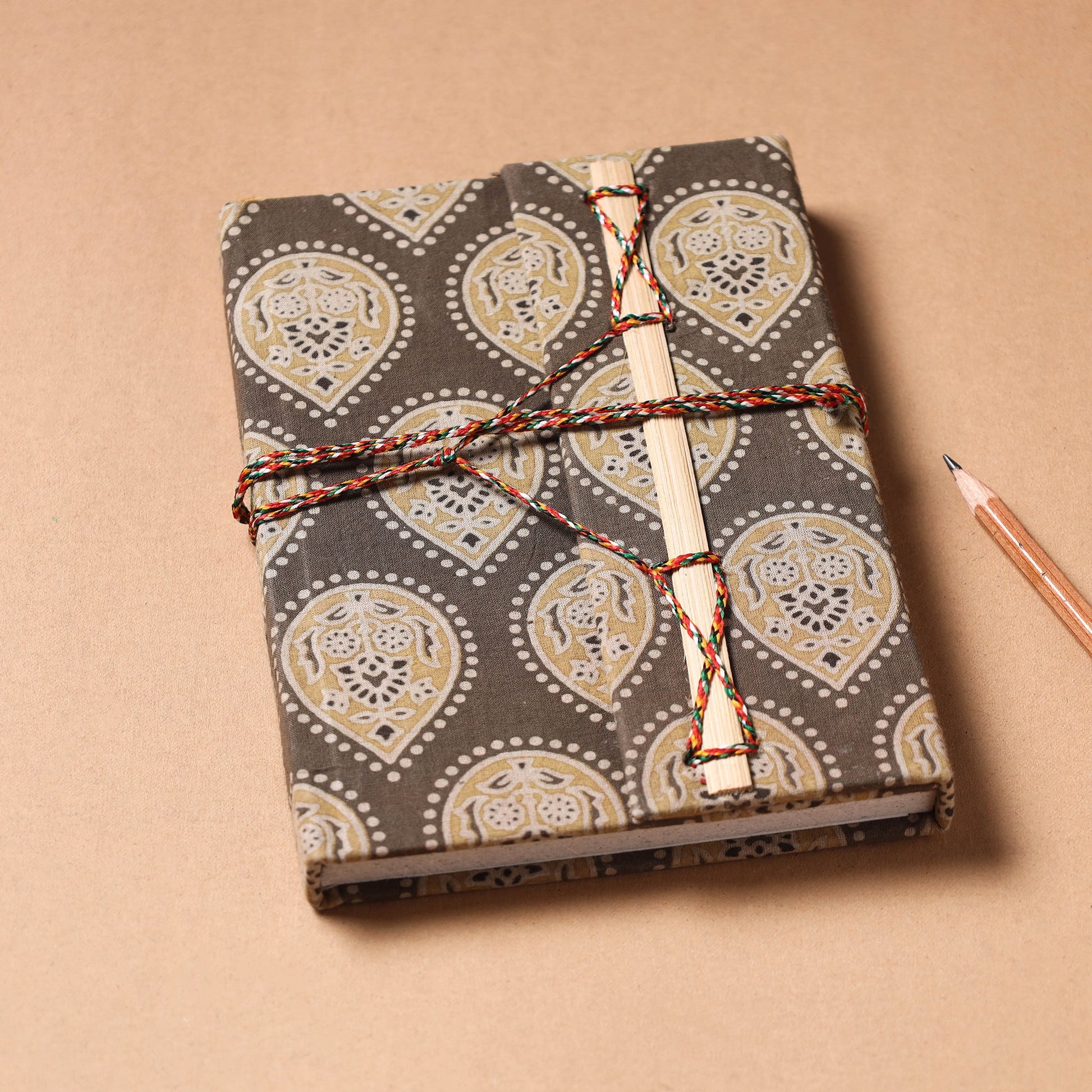 Brown - Bagru Fabric Cover Handmade Paper Notebook with Thread Lock