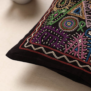 Black - Kala Raksha Rabari Hand Embroidery Cotton Cushion Cover (16 x 16 in)