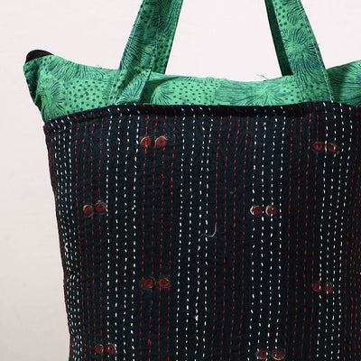 Black - Kantha Work Block Print Cotton Shopping Bag