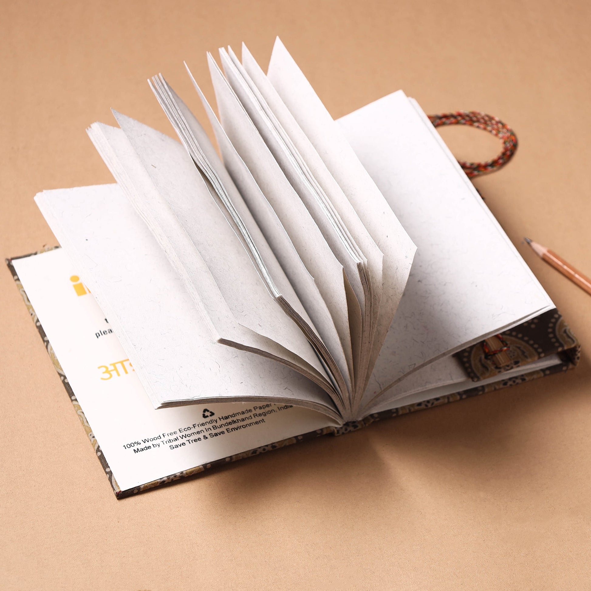 Brown - Bagru Fabric Cover Handmade Paper Notebook with Thread Lock