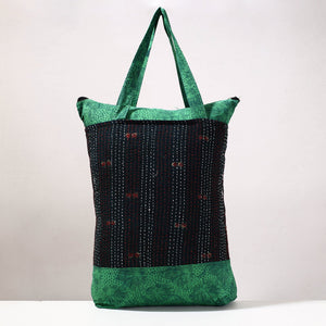 Black - Kantha Work Block Print Cotton Shopping Bag